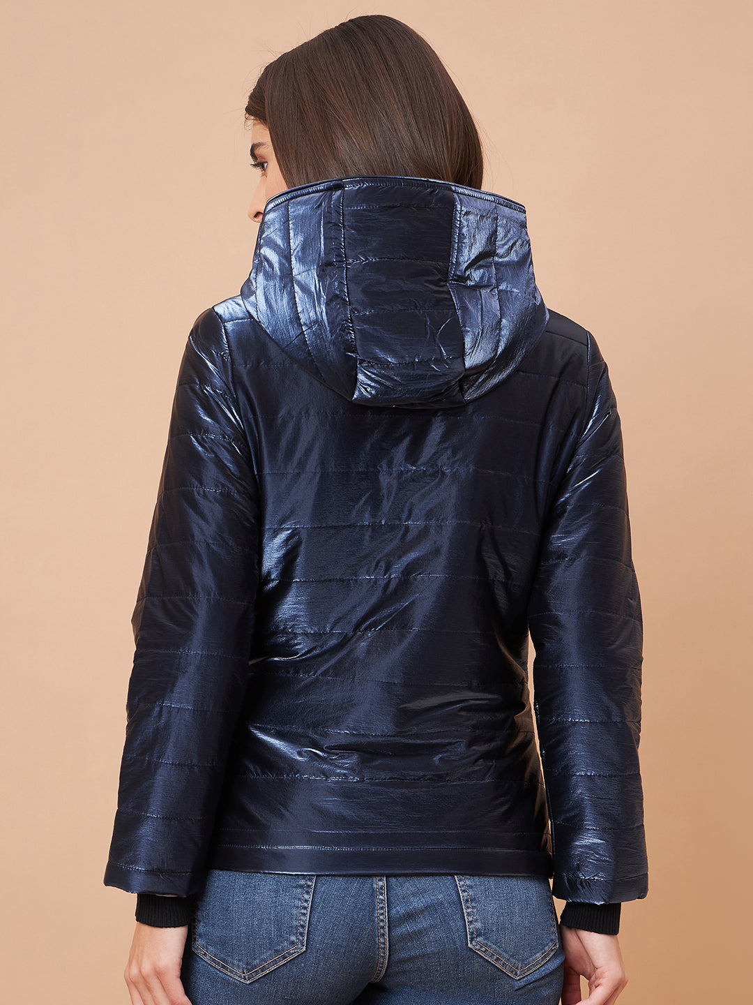 Gipsy Women Hoodie Neck Straight Full Sleeve Polyester Fabric Navy Jackets
