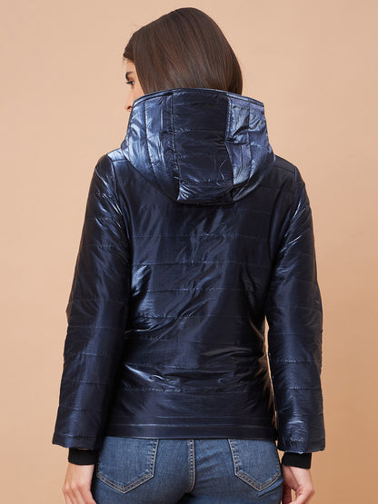 Gipsy Women Hoodie Neck Straight Full Sleeve Polyester Fabric Navy Jackets