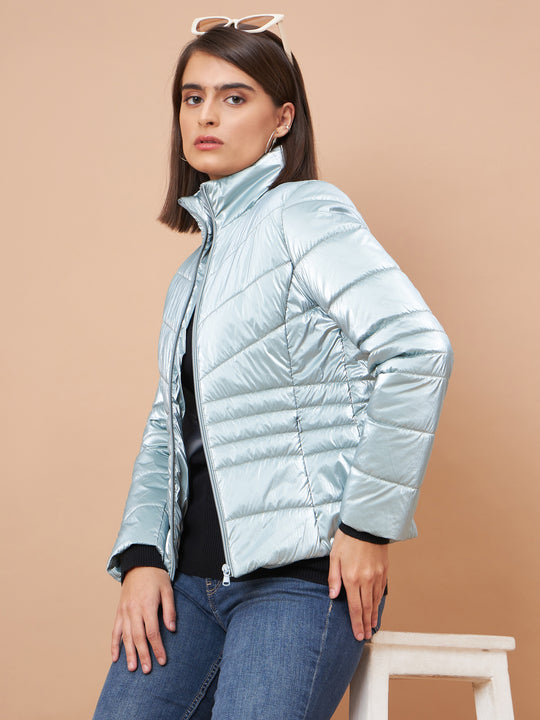 Gipsy Women Stand Collar Neck Straight Full Sleeve Polyester Fabric Mint Jackets