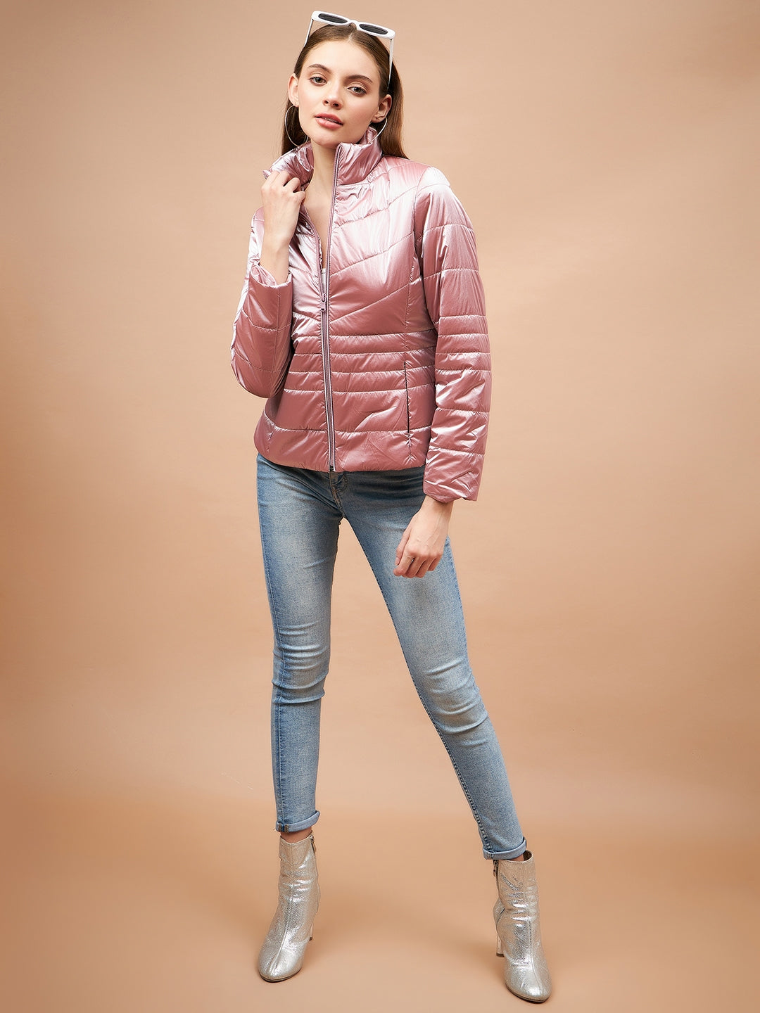 Gipsy Women Stand Collar Neck Straight Full Sleeve Polyester Fabric Pink Jackets