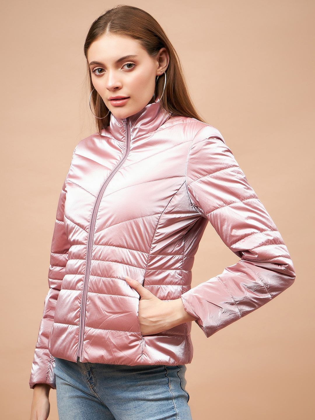 Gipsy Women Stand Collar Neck Straight Full Sleeve Polyester Fabric Pink Jackets