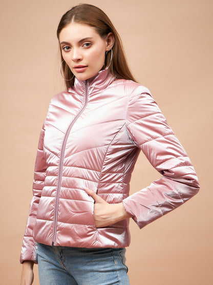 Gipsy Women Stand Collar Neck Straight Full Sleeve Polyester Fabric Pink Jackets