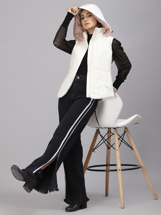 Gipsy Women Mock Collar Regular Sleeveless Polyester Fabric Ivory Jackets