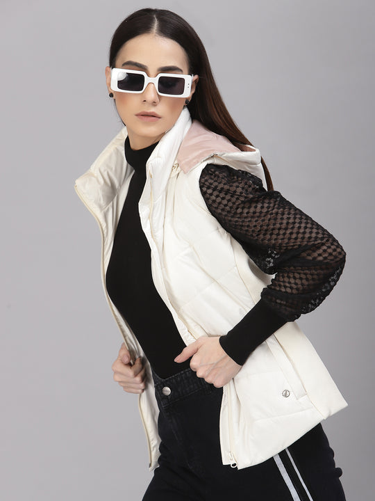 Gipsy Women Mock Collar Regular Sleeveless Polyester Fabric Ivory Jackets