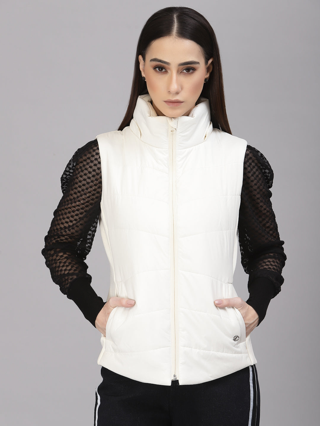 Gipsy Women Mock Collar Regular Sleeveless Polyester Fabric Ivory Jackets