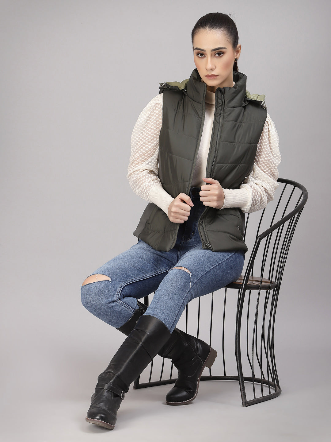Gipsy Women Mock Collar Regular Sleeveless Polyester Fabric Olive Jackets