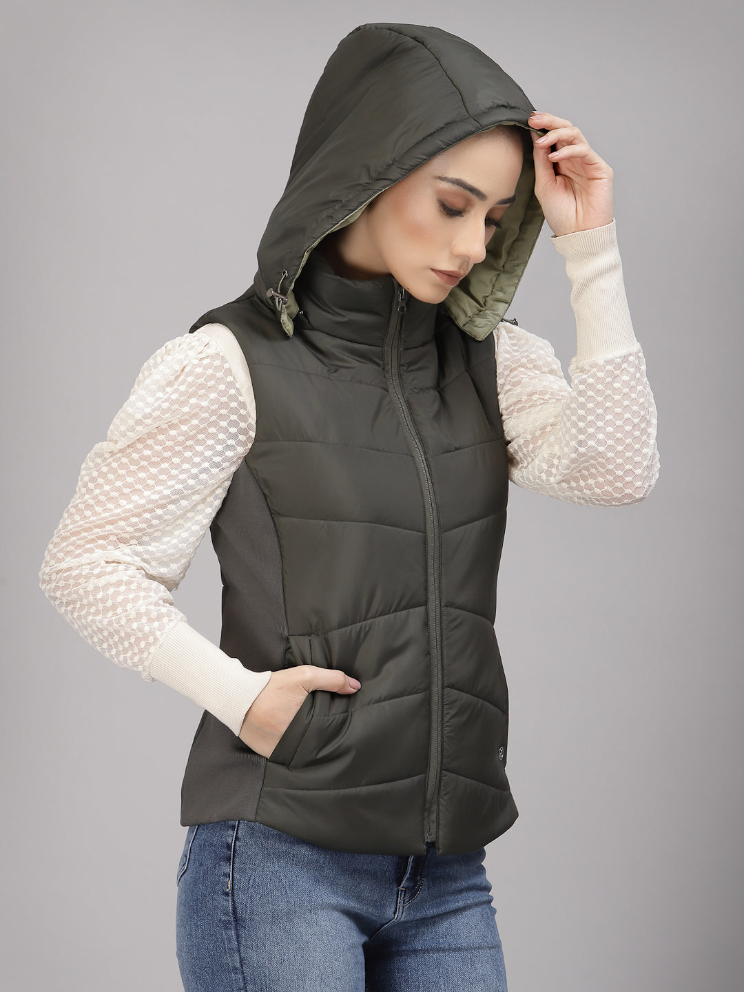Gipsy Women Mock Collar Regular Sleeveless Polyester Fabric Olive Jackets