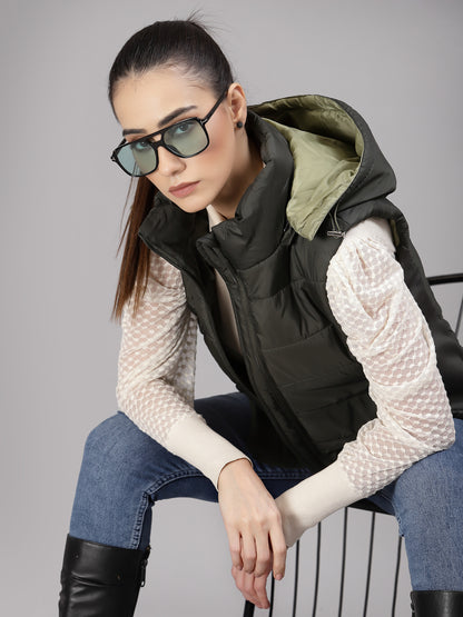 Gipsy Women Mock Collar Regular Sleeveless Polyester Fabric Olive Jackets