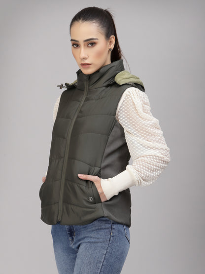 Gipsy Women Mock Collar Regular Sleeveless Polyester Fabric Olive Jackets