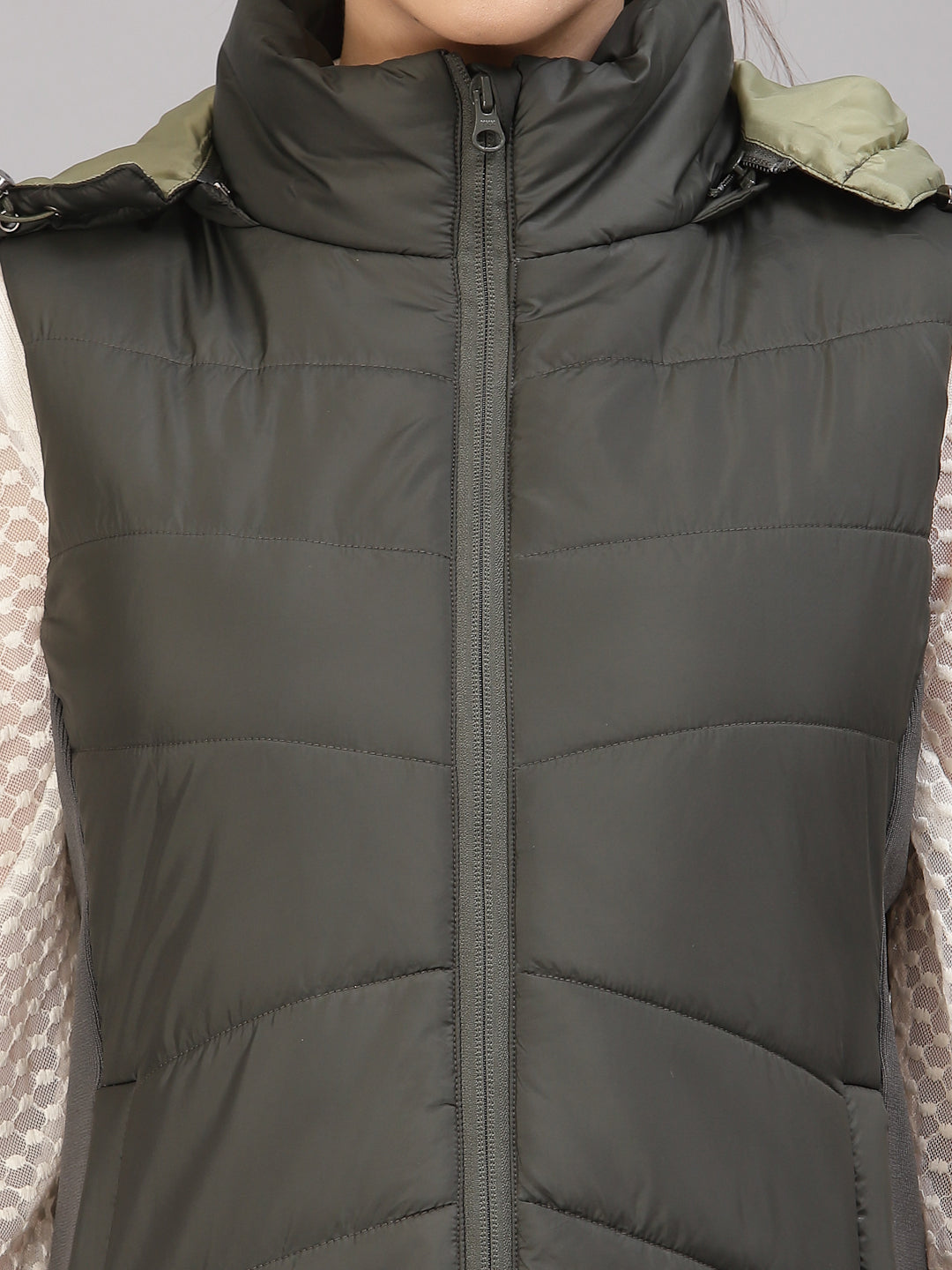 Gipsy Women Mock Collar Regular Sleeveless Polyester Fabric Olive Jackets