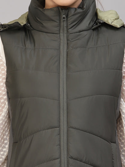 Gipsy Women Mock Collar Regular Sleeveless Polyester Fabric Olive Jackets