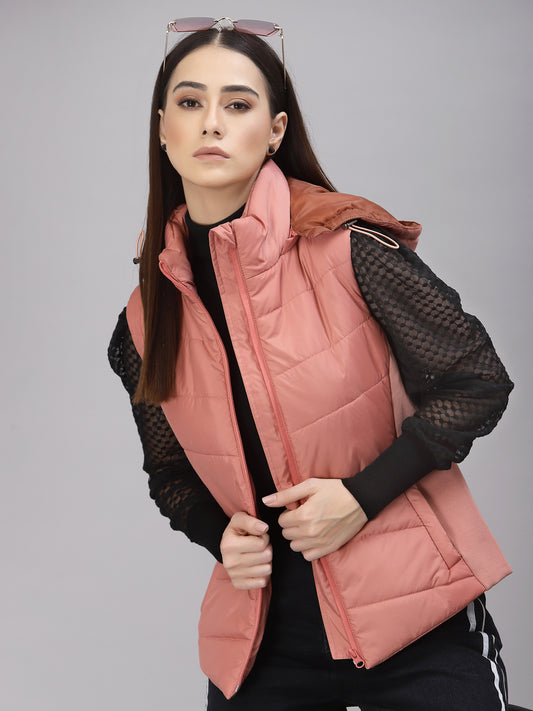 Gipsy Women Mock Collar Regular Sleeveless Polyester Fabric Salmon Pink Jackets