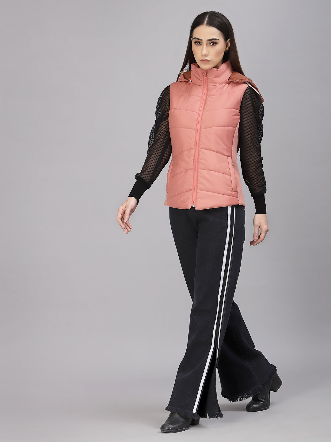 Gipsy Women Mock Collar Regular Sleeveless Polyester Fabric Salmon Pink Jackets