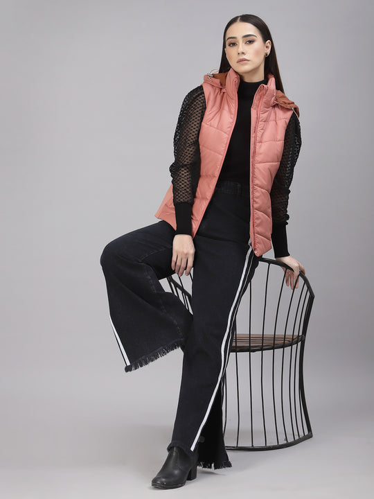 Gipsy Women Mock Collar Regular Sleeveless Polyester Fabric Salmon Pink Jackets