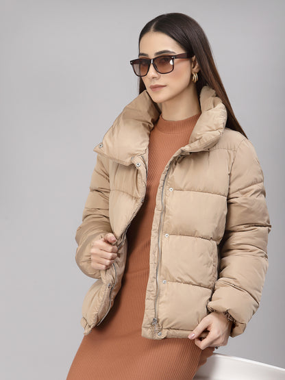 Gipsy Women Mock Collar Regular Full Sleeves Polyester Fabric Beige Jackets