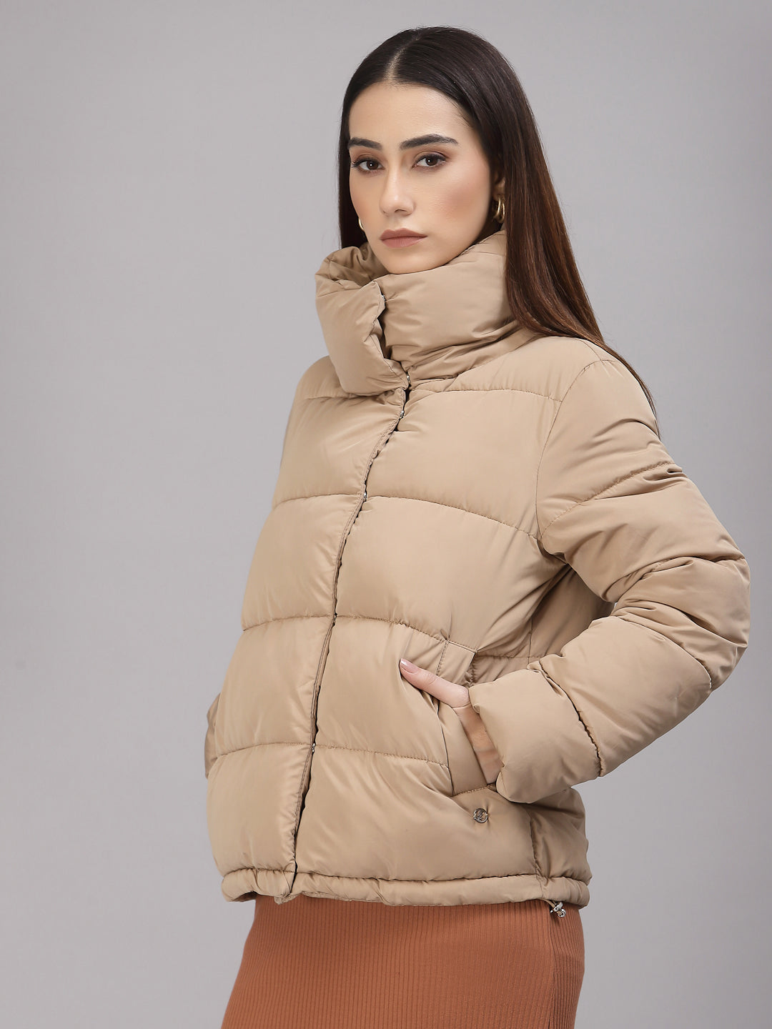 Gipsy Women Mock Collar Regular Full Sleeves Polyester Fabric Beige Jackets