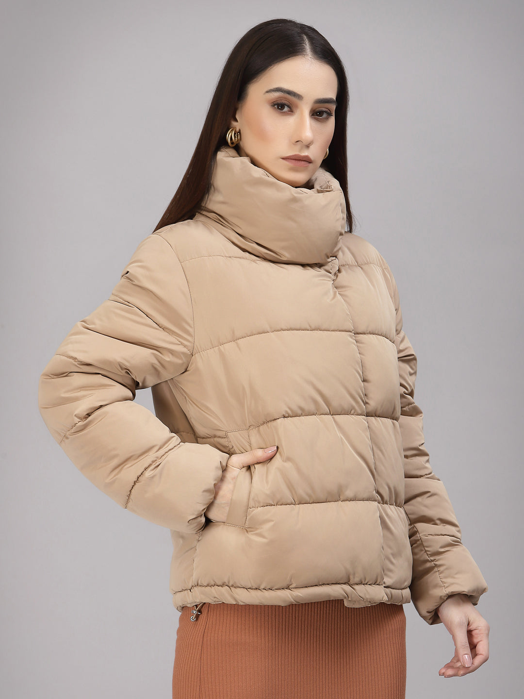 Gipsy Women Mock Collar Regular Full Sleeves Polyester Fabric Beige Jackets