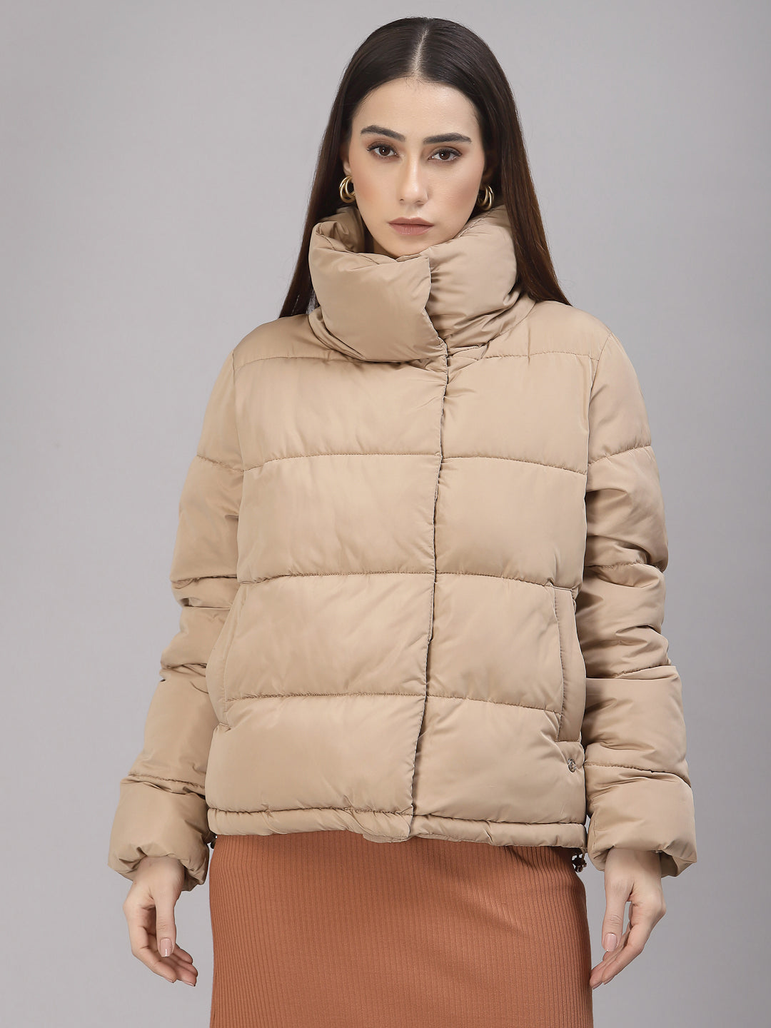Gipsy Women Mock Collar Regular Full Sleeves Polyester Fabric Beige Jackets