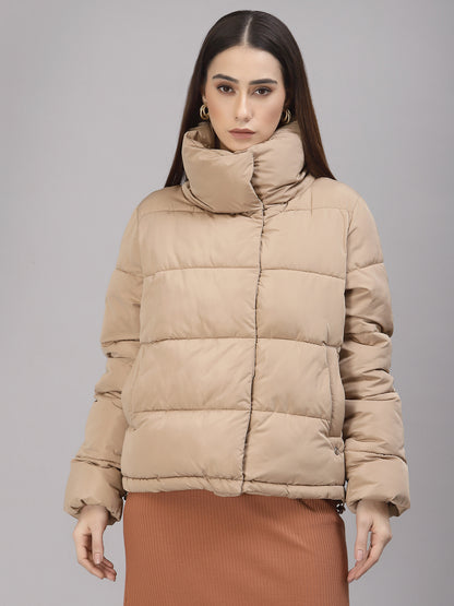 Gipsy Women Mock Collar Regular Full Sleeves Polyester Fabric Beige Jackets