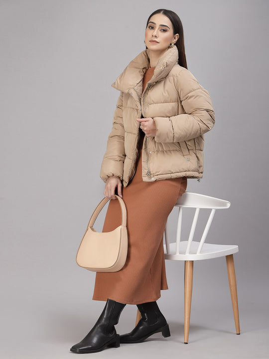 Gipsy Women Mock Collar Regular Full Sleeves Polyester Fabric Beige Jackets