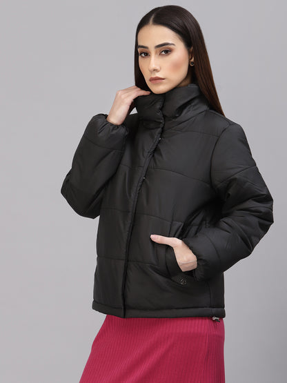 Gipsy Women Mock Collar Regular Full Sleeves Polyester Fabric Black Jackets