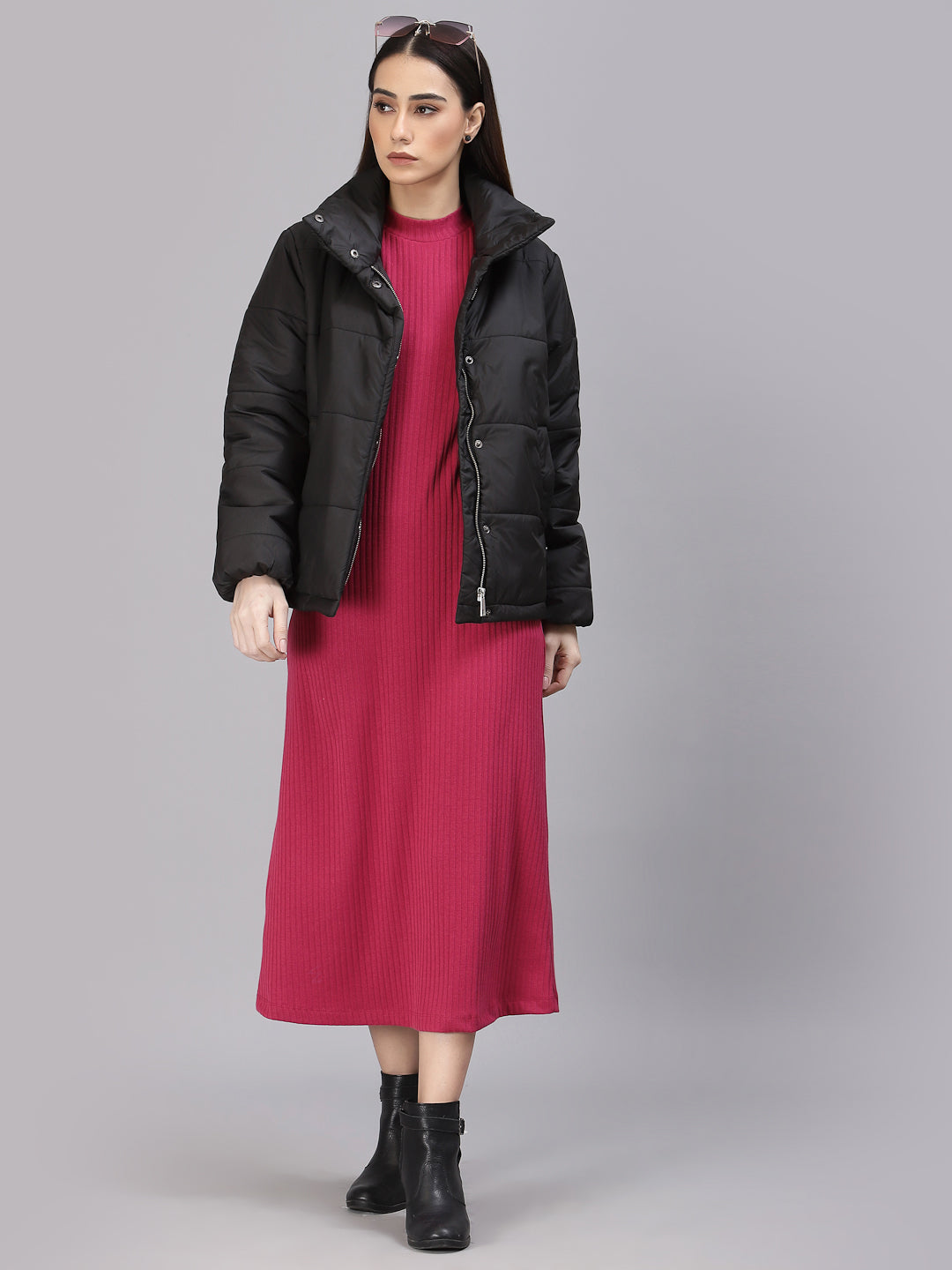 Gipsy Women Mock Collar Regular Full Sleeves Polyester Fabric Black Jackets