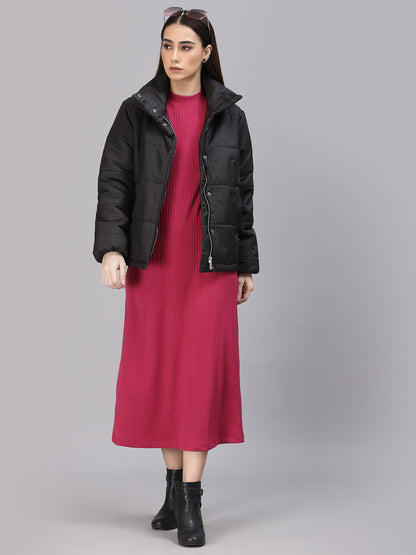 Gipsy Women Mock Collar Regular Full Sleeves Polyester Fabric Black Jackets