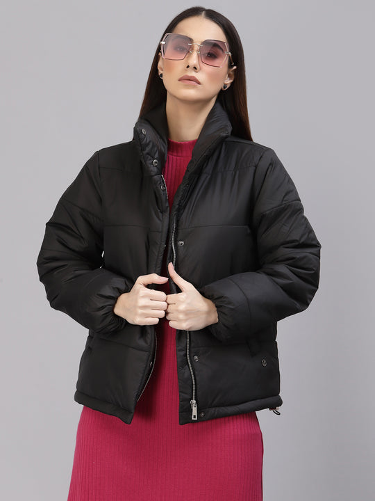 Gipsy Women Mock Collar Regular Full Sleeves Polyester Fabric Black Jackets