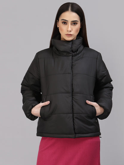 Gipsy Women Mock Collar Regular Full Sleeves Polyester Fabric Black Jackets