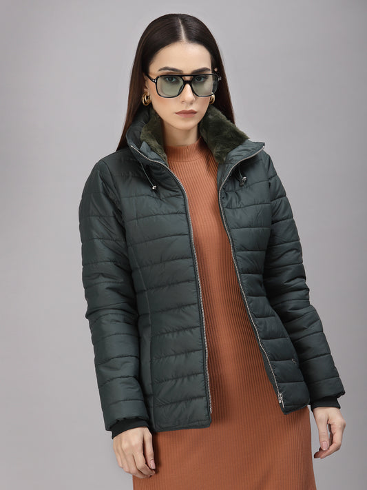 Gipsy Women Mock Collar Regular Full Sleeves Polyester Fabric Bottle Green Jackets