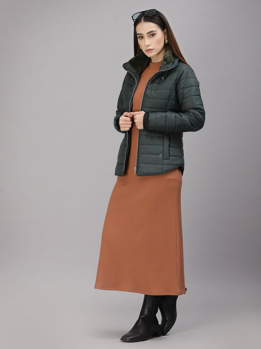 Gipsy Women Mock Collar Regular Full Sleeves Polyester Fabric Bottle Green Jackets