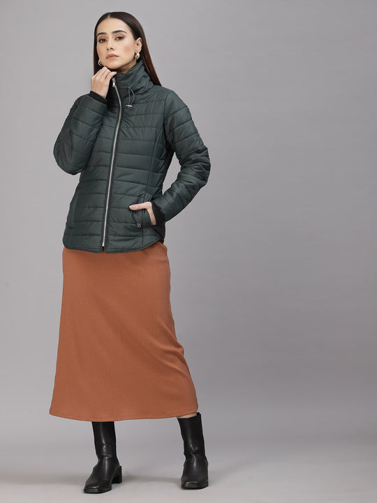 Gipsy Women Mock Collar Regular Full Sleeves Polyester Fabric Bottle Green Jackets