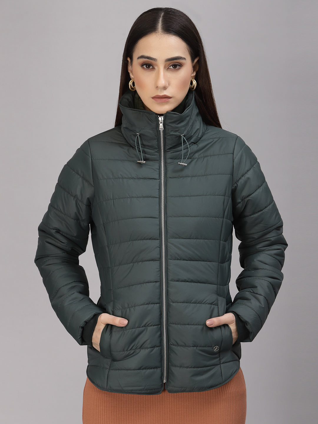 Gipsy Women Mock Collar Regular Full Sleeves Polyester Fabric Bottle Green Jackets