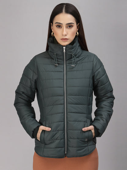 Gipsy Women Mock Collar Regular Full Sleeves Polyester Fabric Bottle Green Jackets