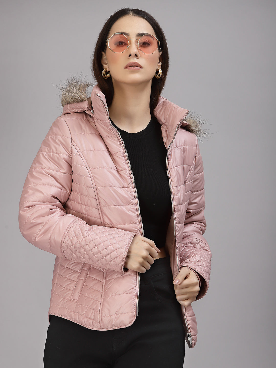 Gipsy Women Hooded Neck Regular Full Sleeves Polyester Fabric Blush Pink Jackets