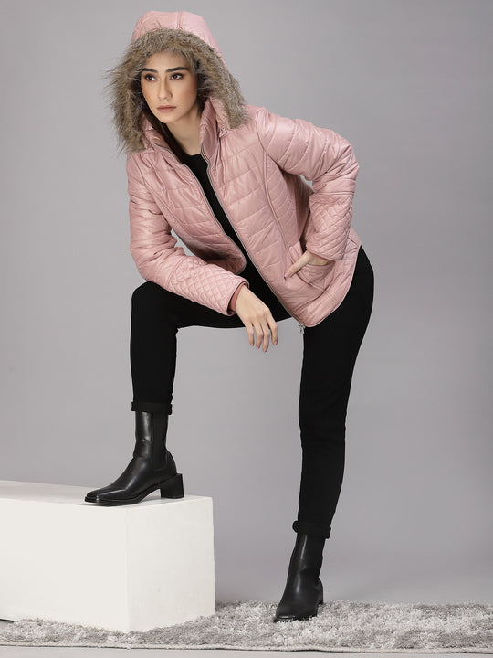 Gipsy Women Hooded Neck Regular Full Sleeves Polyester Fabric Blush Pink Jackets