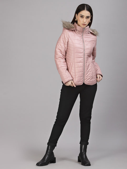 Gipsy Women Hooded Neck Regular Full Sleeves Polyester Fabric Blush Pink Jackets