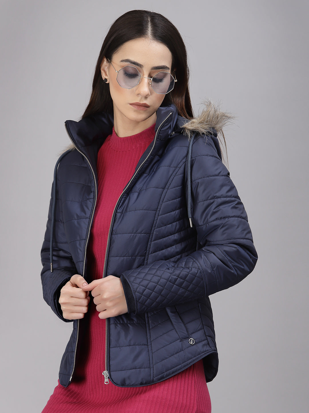 Gipsy Women Hooded Neck Regular Full Sleeves Polyester Fabric Navy Jackets