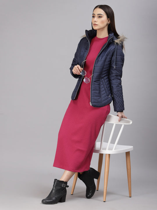 Gipsy Women Hooded Neck Regular Full Sleeves Polyester Fabric Navy Jackets