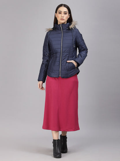 Gipsy Women Hooded Neck Regular Full Sleeves Polyester Fabric Navy Jackets