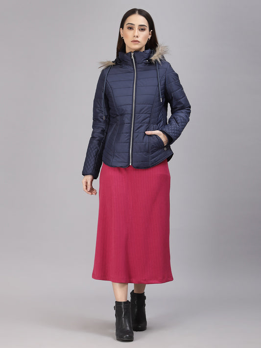 Gipsy Women Hooded Neck Regular Full Sleeves Polyester Fabric Navy Jackets