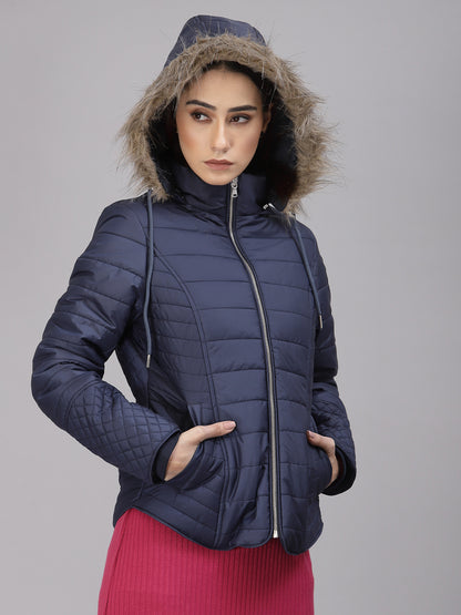 Gipsy Women Hooded Neck Regular Full Sleeves Polyester Fabric Navy Jackets