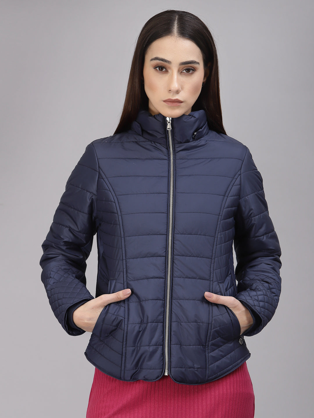 Gipsy Women Hooded Neck Regular Full Sleeves Polyester Fabric Navy Jackets