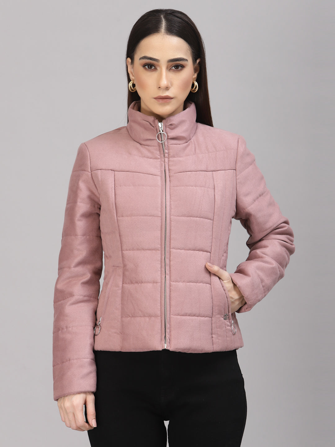 Gipsy Women Mock Collar Regular Full Sleeves Suede Fabric Rose Gold Jackets
