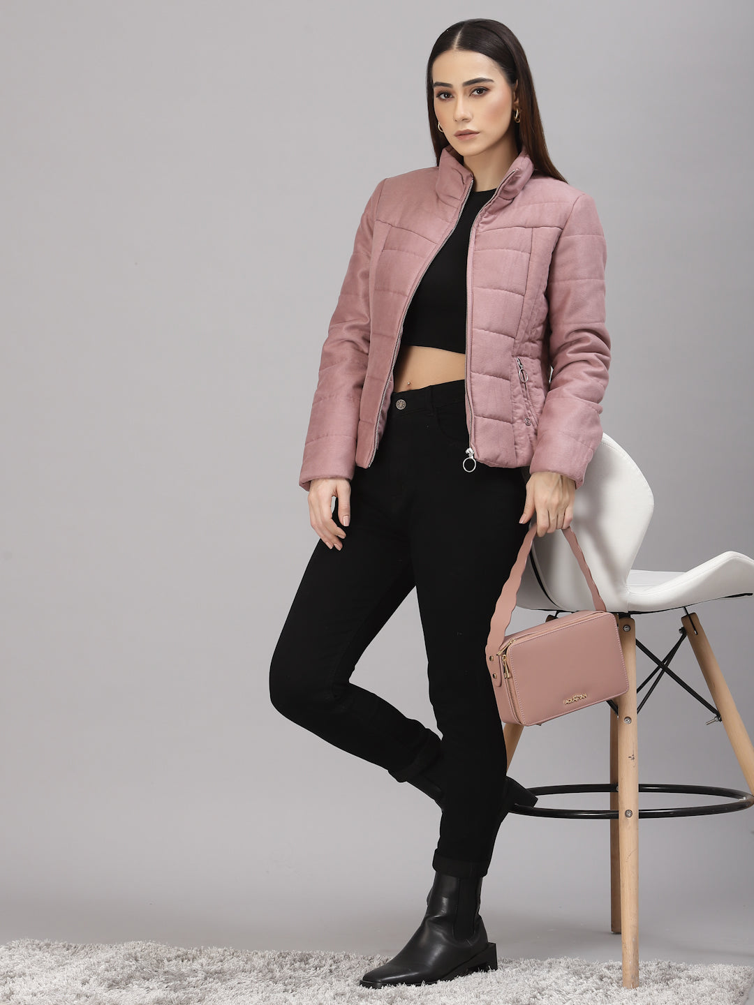 Gipsy Women Mock Collar Regular Full Sleeves Suede Fabric Rose Gold Jackets
