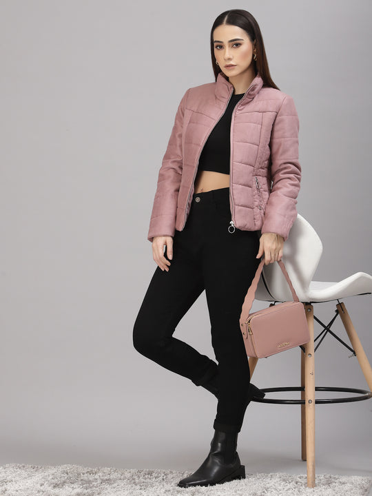 Gipsy Women Mock Collar Regular Full Sleeves Suede Fabric Rose Gold Jackets