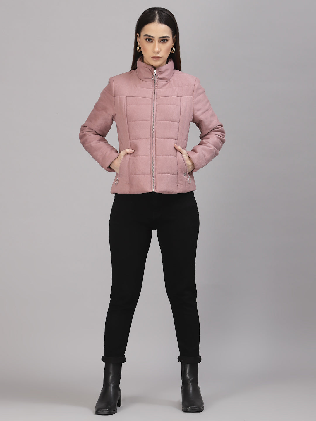Gipsy Women Mock Collar Regular Full Sleeves Suede Fabric Rose Gold Jackets