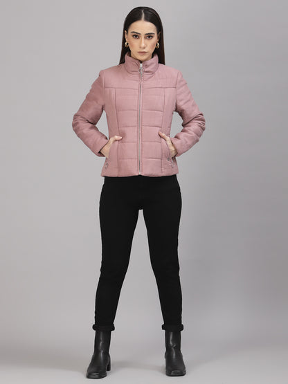 Gipsy Women Mock Collar Regular Full Sleeves Suede Fabric Rose Gold Jackets