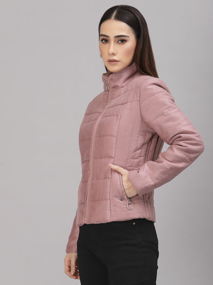 Gipsy Women Mock Collar Regular Full Sleeves Suede Fabric Rose Gold Jackets