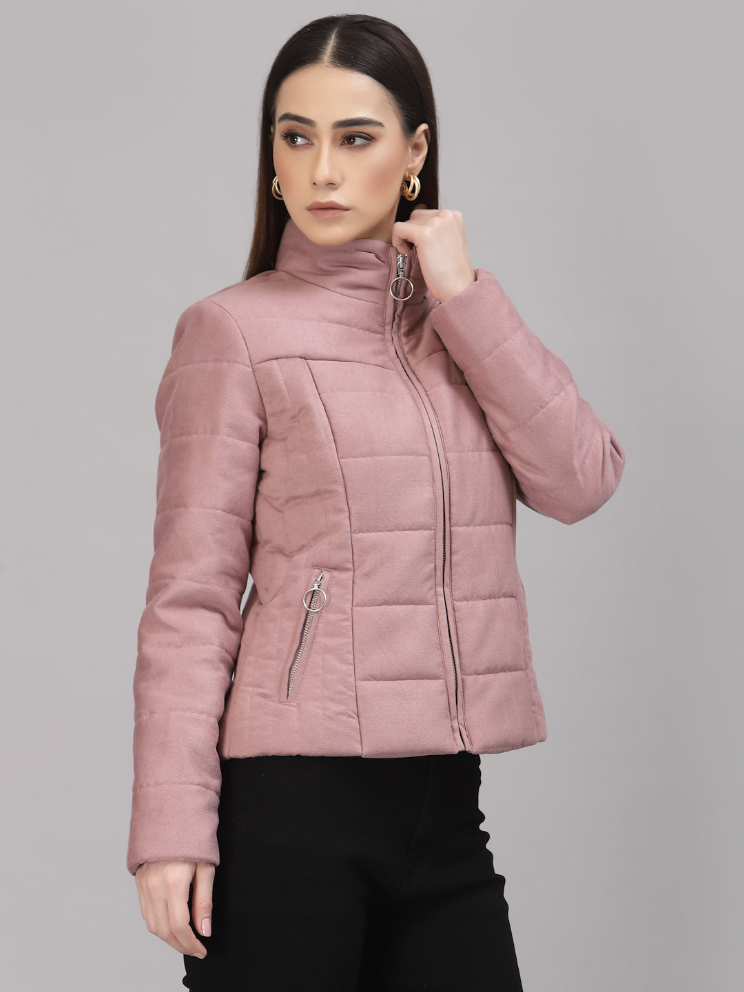 Gipsy Women Mock Collar Regular Full Sleeves Suede Fabric Rose Gold Jackets